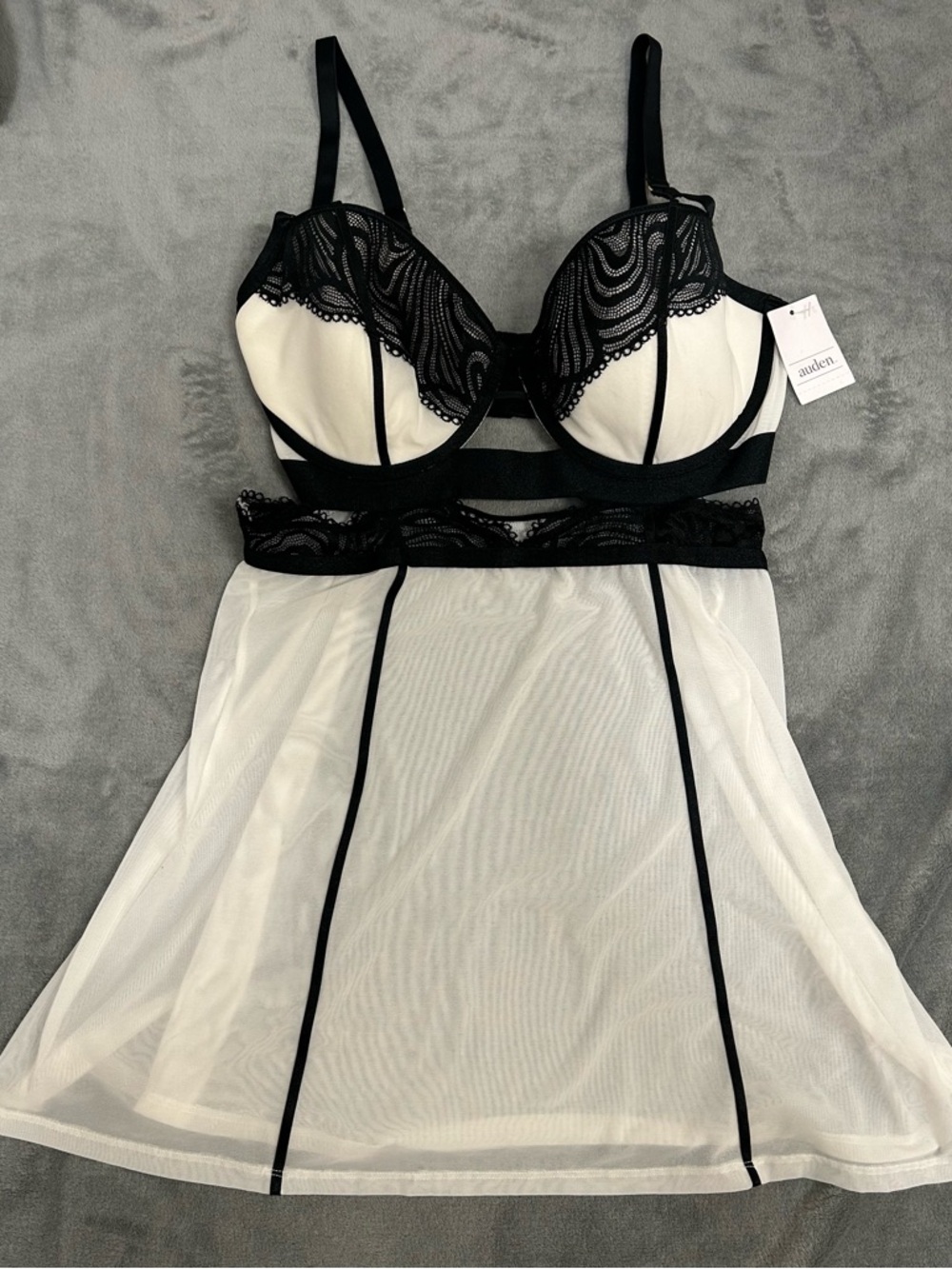 Auden Black & White Lace Trim Sheer Babydoll Nightie